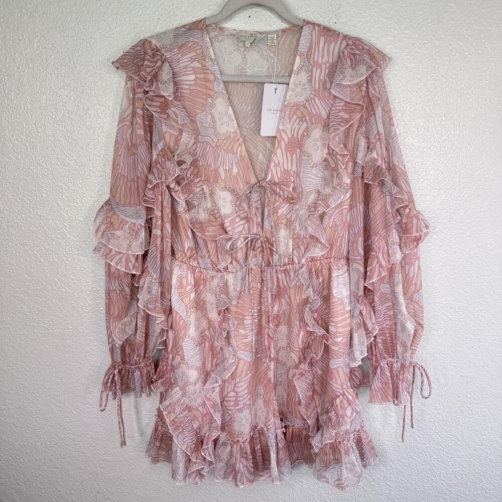 Ted Baker Playsuit Romper Womens 4 Soft Ruffle Coral Pink Chiffon Boho US 10 NEW